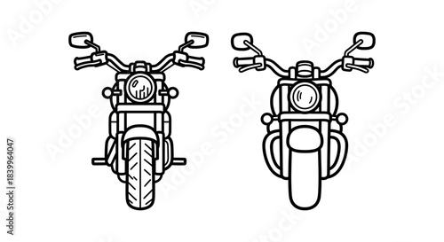 Detailed Front View Outline Illustrations of Classic Motorcycles, Featuring Vintage Chopper and Cruiser Bike Designs for Graphic Elements and Transport Concepts
