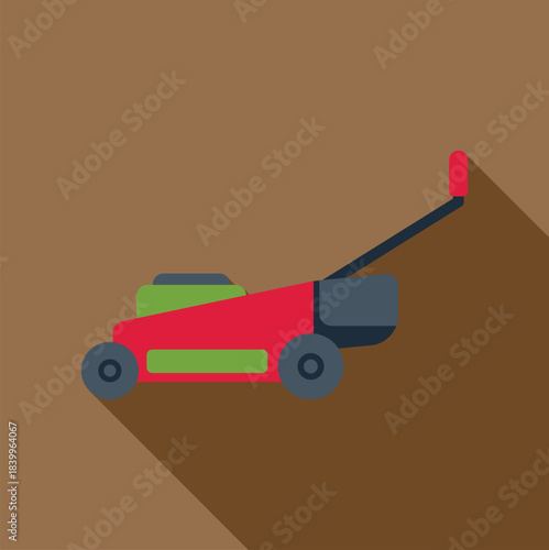 Red lawn mower with long shadow representing gardening and yard work