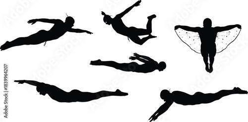 Flying, swimmer, silhouette, dive, motion, splash, wings, fantasy, athlete, sport, action, technique, dynamic, minimal, water, pose, black, white, horizontal, transformation