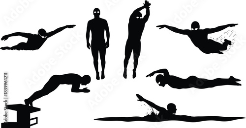 Swimmer, silhouette, goggles, freestyle, dive, underwater, splash, motion, athlete, sport, action, technique, dynamic, minimal, black, white, pose, start, stroke, flying