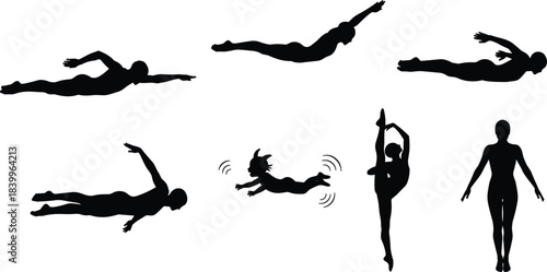 Swimmer, flyer, dancer, silhouette, dive, motion, splash, athlete, sport, action, technique, dynamic, minimal, water, pose, black, white, stretch, flying, artistic