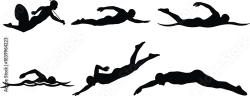 Mermaid, swimmer, silhouette, dive, freestyle, backstroke, underwater, splash, motion, fantasy, athlete, sport, action, technique, dynamic, minimal, water, pose, black, white