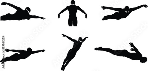 Butterfly, swimmer, silhouette, goggles, swim cap, dive, motion, splash, athlete, sport, action, technique, dynamic, minimal, water, pose, black, white, stroke, streamlined
