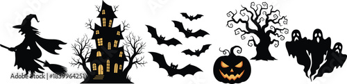 Halloween silhouettes, witch flying, haunted house, glowing windows, bats, jack-o'-lantern, creepy tree, spooky ghosts, eerie icons, festive clipart