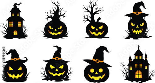 Halloween pumpkins, haunted houses, glowing windows, witch hats, spooky faces, twisted trees, festive silhouettes, creepy clipart, eerie icons, Halloween vector