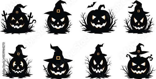 Halloween pumpkins, witch hats, glowing faces, spooky silhouettes, bats, crosses, twisted branches, festive clipart, eerie icons, Halloween vector art