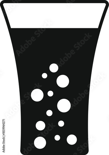 Glass of soda or sparkling water with bubbles in a flat black icon style