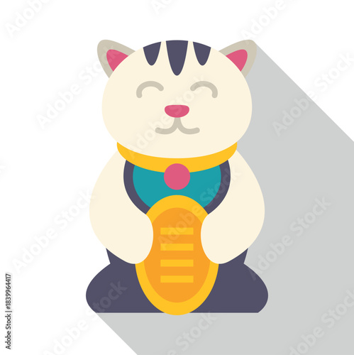 Japanese maneki neko cat bringing good fortune and luck in flat style