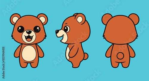Three brown teddy bear illustrations in different poses on a blue background, showcasing front, side, and back views.
