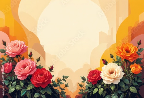 An elegant digital illustration featuring a lush border of pink, red, orange, and white roses and foliage, set against a soft, abstract backdrop of warm sunset tones