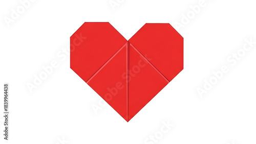 A simple, geometric red origami heart shape on a white background.