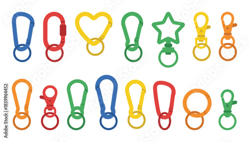 Bright colorful set of carabiners, lobster claw clasps, key rings. metal clips. various shapes. bags.