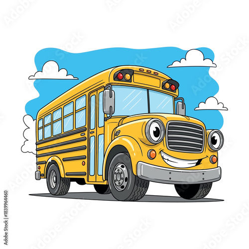 Cartoon yellow school bus with a big smile, ready for a fun ride under a blue sky with clouds