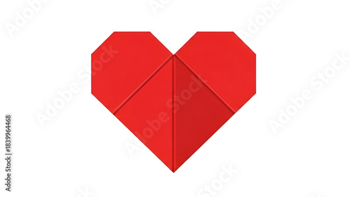 A geometric red heart shape constructed from folded panels with visible rivets.