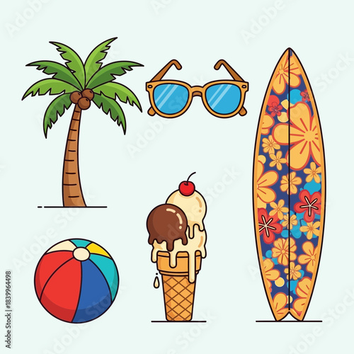 Embrace summer fun with a vibrant collection of beach essentials including a surfboard, ice cream, sunglasses, palm tree, and beach ball for ultimate vacation vibes.