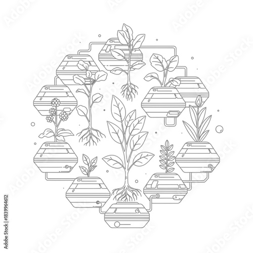 Innovative vertical farm system showcasing healthy plants growing in futuristic hydroponic pods with visible roots and connected modules