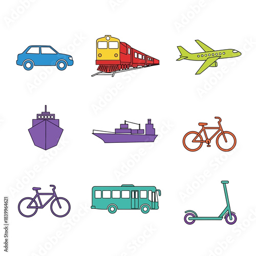 Explore diverse transportation modes including cars, trains, planes, ships, bicycles, buses, and scooters for your next project.