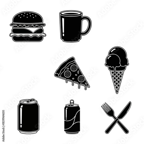 Delicious fast food icons and drinks create a vibrant collection for menus, apps, and culinary branding