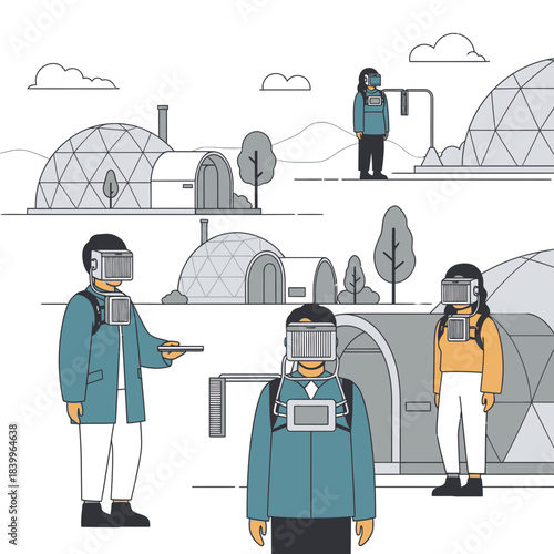 Futuristic explorers in advanced VR gear discover geodesic dome habitats in a stylized, modern landscape, embracing innovation and exploration.