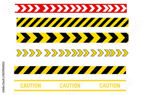 Set of caution tapes with black and yellow diagonal slashes or chevron print. Warning borders in construction work zone or crime scene. Danger, Attention tapes. Flat vector illustration design.