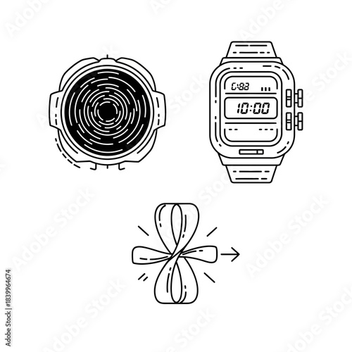 Modern digital watch and stylized abstract elements representing time and movement offer dynamic design possibilities