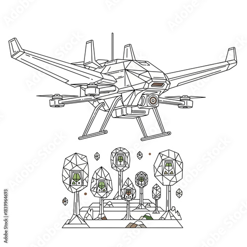Advanced surveillance drone captures futuristic geometric landscape with stylized trees and abstract crystalline structures