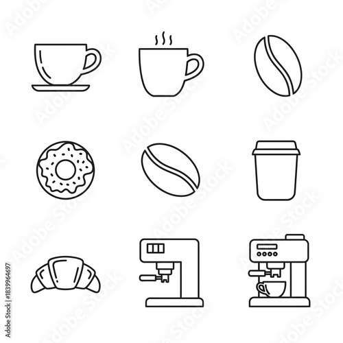 Essential coffee shop icons including steaming cups, beans, pastries, and espresso machines for modern cafe branding and design projects.