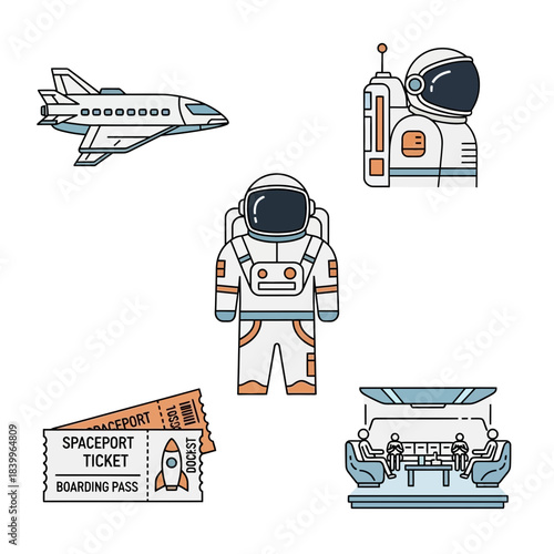Embark on an interstellar journey with astronauts, spacecraft, tickets, and a futuristic lounge, perfect for space exploration themes.