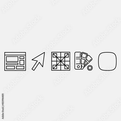 Modern design icons representing website layout, cursor, grid, color palette, and shape for creative digital concepts and user interface development.