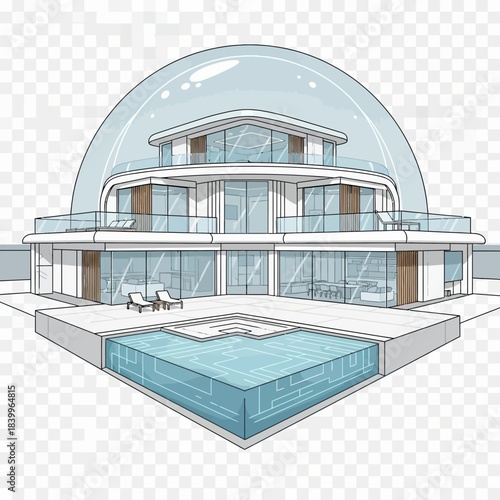 Stunning modern mansion with glass walls, infinity pool, and futuristic dome creates an oasis of luxury living and architectural innovation