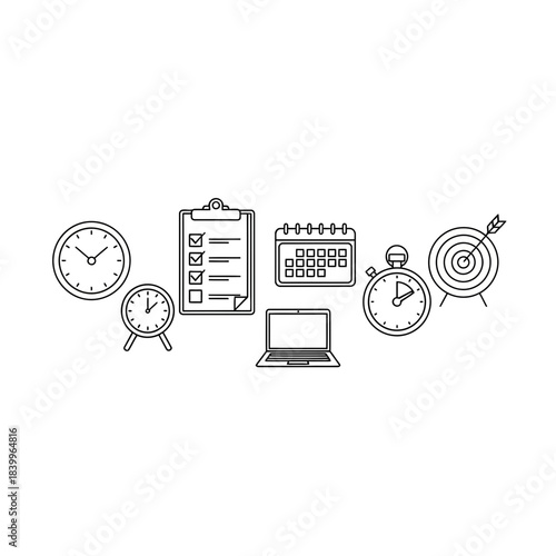 Master your day with this collection of essential planning tools including clocks, calendar, checklist, laptop, stopwatch, and target for ultimate productivity.