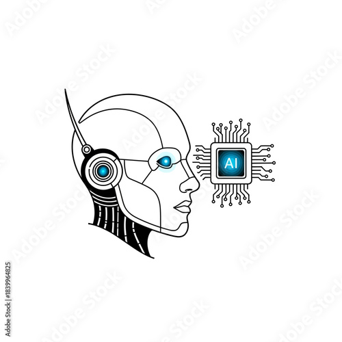 Futuristic artificial intelligence robot head with glowing AI chip symbolizing advanced technology and future innovation