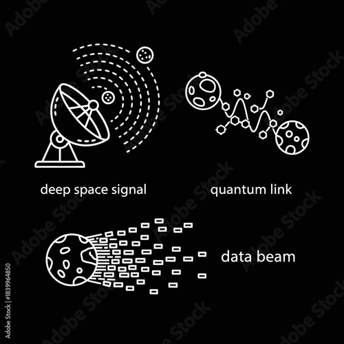 Futuristic communication concept showing deep space signals quantum links and data beams with celestial bodies and abstract connections
