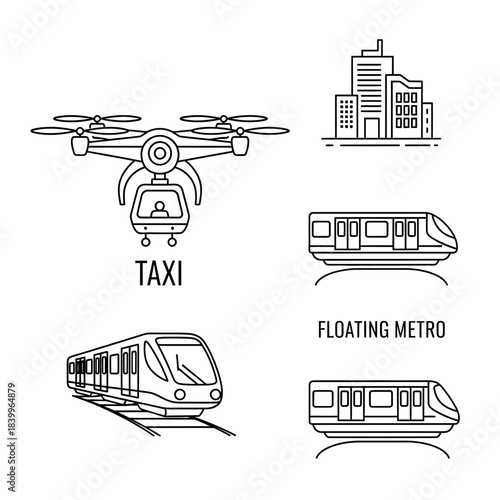 Futuristic urban transport concepts including drone taxi, modern skyscrapers, and advanced metro systems for innovative city planning and mobility solutions