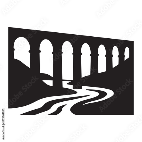 A graphic illustration of a grand arched bridge or aqueduct gracefully spanning a winding river, symbolizing connection, journey, and architectural marvel