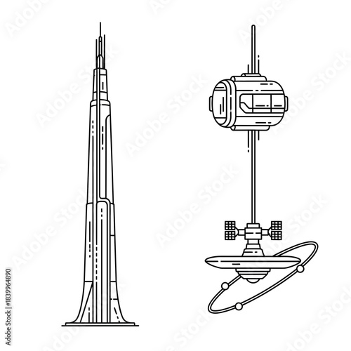 Sleek futuristic skyscraper and orbiting space station with atomic ring elements, modern architectural design concepts for sci-fi projects