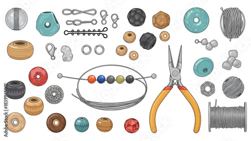 A collection of various beads, jewelry findings, and tools for crafting handmade jewelry.