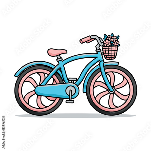 Whimsical graphic illustration of a charming light blue bicycle with pink accents, featuring a delightful basket overflowing with fresh flowers, embodying carefree joy and leisurely outdoor adventures