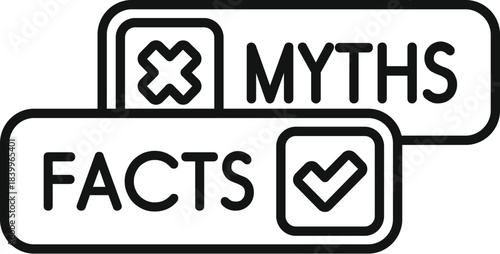 Line icon illustrating comparing facts with myths using check and cross marks
