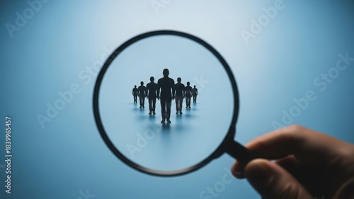 Searching for talent: magnifying glass highlighting a diverse group of silhouetted individuals walking forward on a blue background
