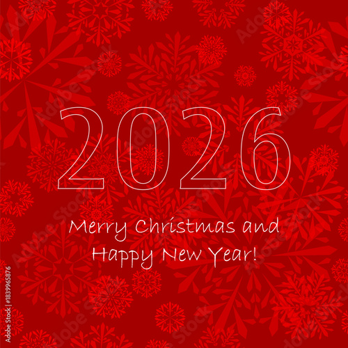 2026 happy new year. merry christmas. white text on red winter repetitive background with snowflakes. vector illustration. festive template on seamless pattern for greeting card, banner, invitation