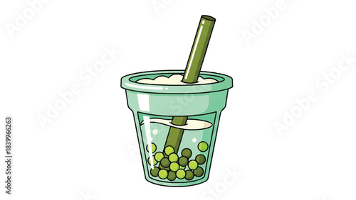 Illustration of a refreshing bubble tea drink with tapioca pearls.