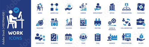 Work flat icon set. Containing Icons as Workflow, Job, Career, Employment, Office, Organization, Teamwork and more. Solid Vector web icons collection.
