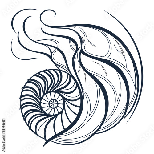 Elegant black and white illustration of a nautilus shell with swirling designs