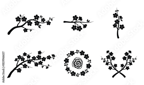 Collection of cherry blossom branches and wreaths, sakura flowers, beautiful floral elements.