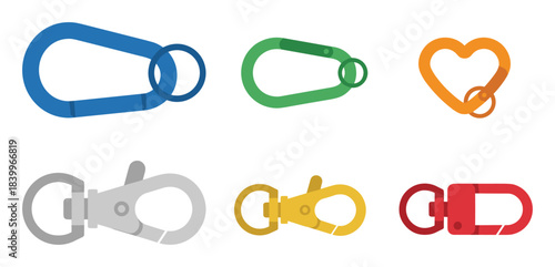 Collection of colorful carabiners, lobster claw clasps, key rings. metal clips. various shapes, colors.