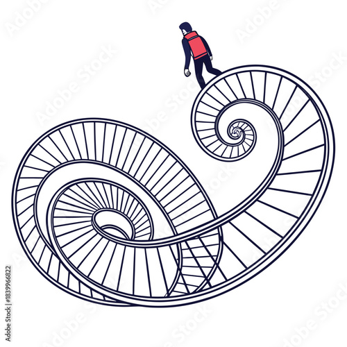 A person ascending an endless swirling staircase in a minimalist illustration