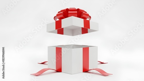 Vibrant red ribbon adorns an open white gift box, its lid suspended in mid-air, symbolizing a surprise unboxing or a special reveal moment on a clean background