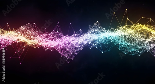 Colorful glowing plexus grid forming a sound wave or frequency equalizer pattern. Digital technology, music, and data visualization. Abstract network of connected particles a vibrant wavy 