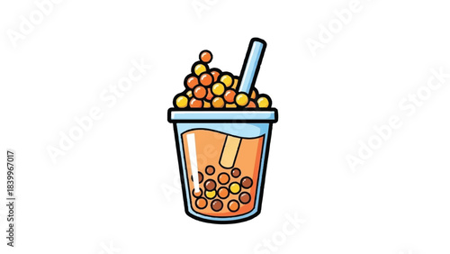 Cartoon Boba Tea Illustration with Tapioca Pearls and Straw.
